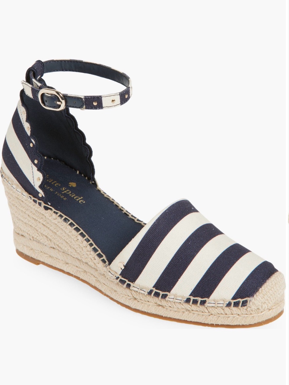 kate spade Navy and White Striped Espadrille Wedge with Ankle Strap